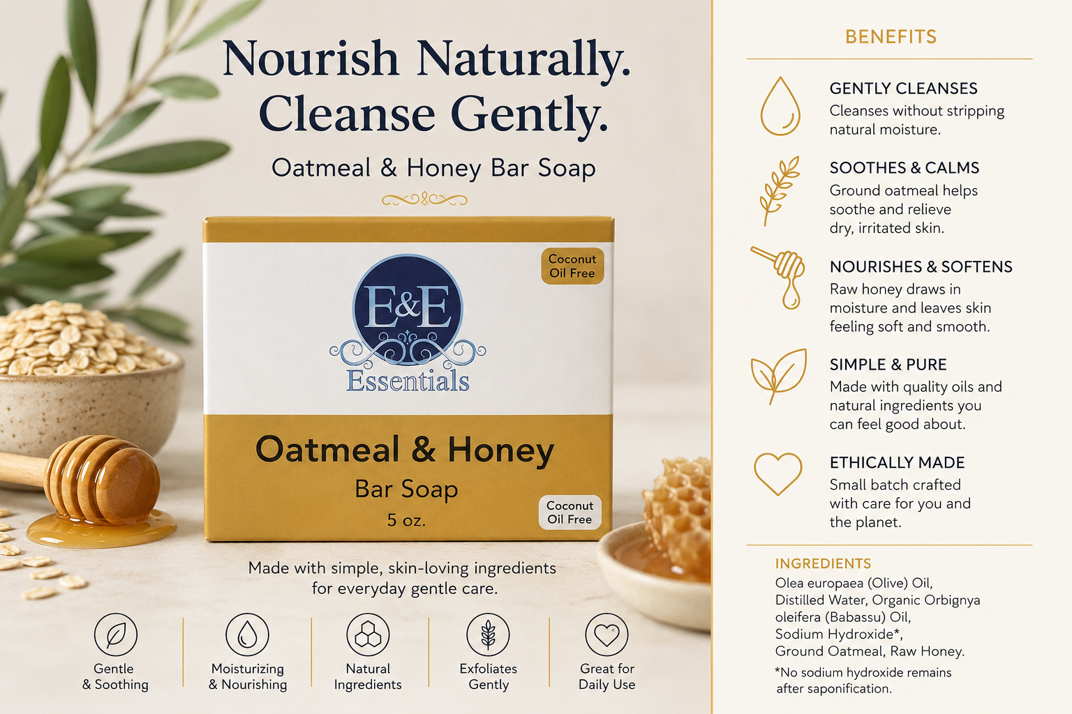 Oatmeal & Honey Bar Soap (Coconut Oil Free)-1